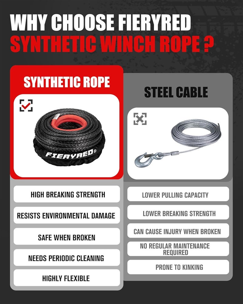 FIERYRED Synthetic Winch Rope 3/8 Inch100FT 23809Ibs Winch Line Cable Rope with Winch Hook Fairleads for 4WD Off Road Vehicle ATV UTV SUV - Image 3